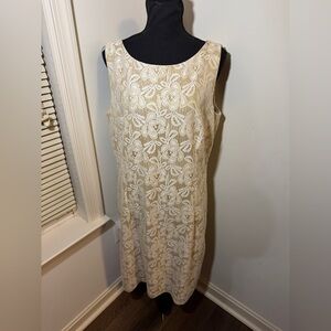 Leslie Fay Dress 14 Beautiful Cream Gold Metallic Lace Overlay Look Sleeveless